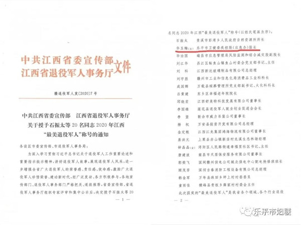 点赞！乐平这位女干部荣获2020年江西“最美退役军人”称号